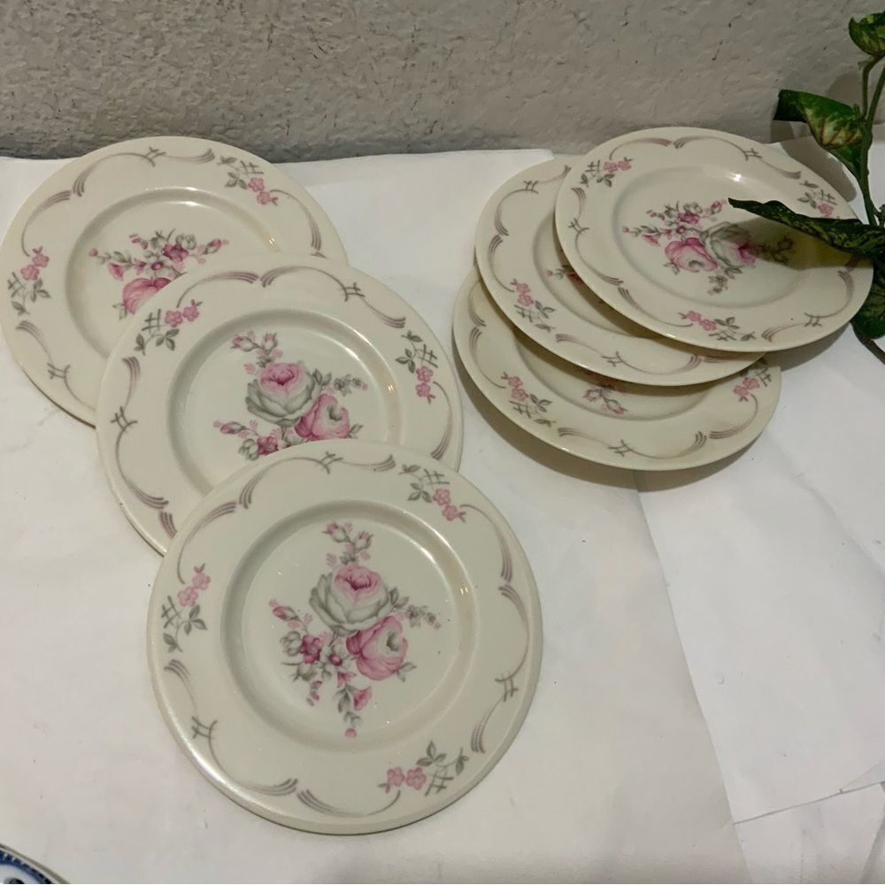 Set 6 Castleton BELROSE 6 1/8” plates Pink Gray Ivory Roses Floral USA G15